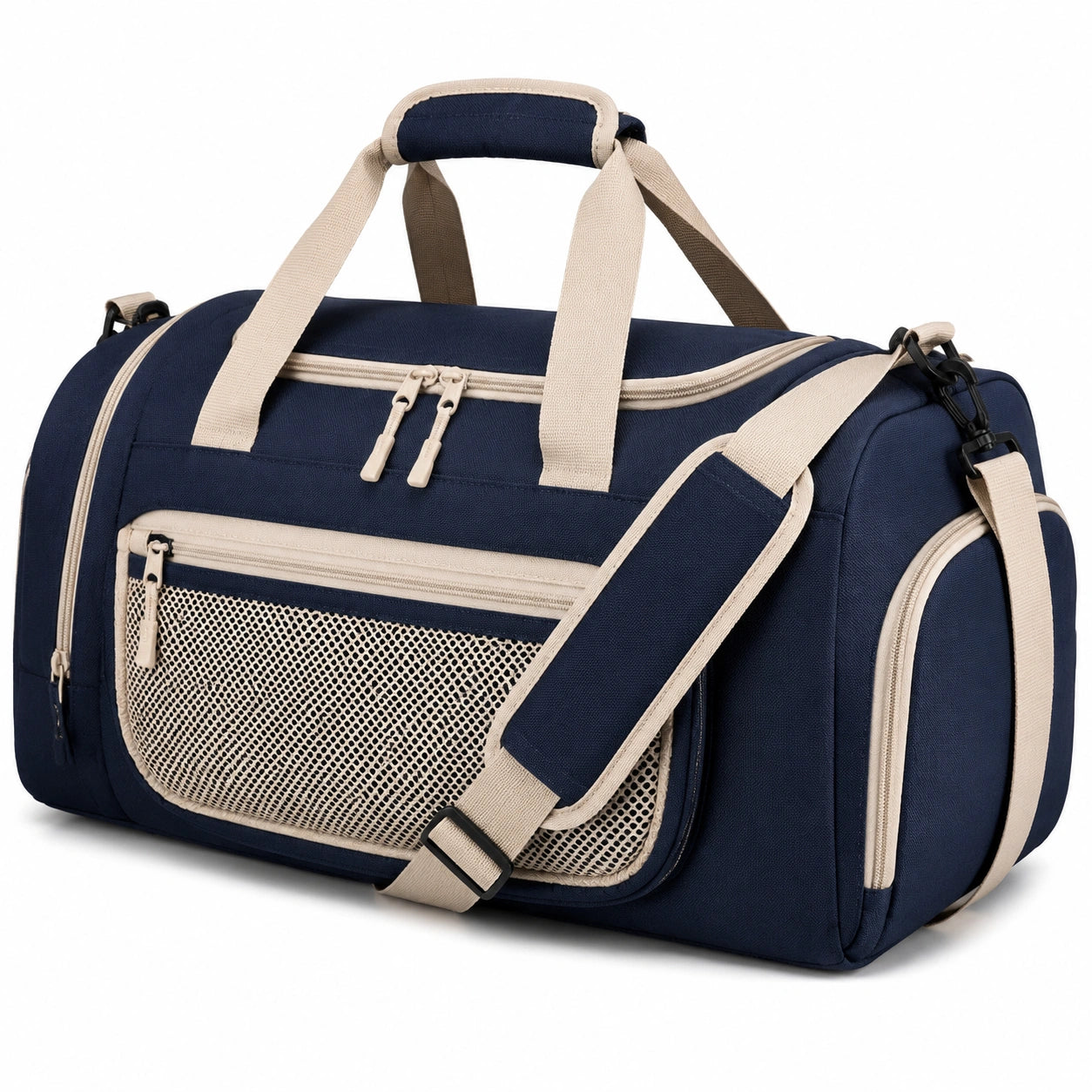 Borsa da viaggio 50 × 25 × 28 cm in tessuto blu navy e beige con tracolla regolabile