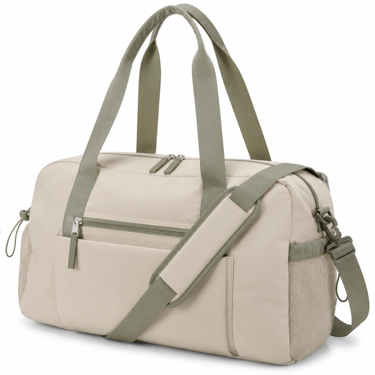 Borsone da viaggio 50 x 25 x 28 cm in tessuto sintetico beige e verde salvia con tracolla regolabile