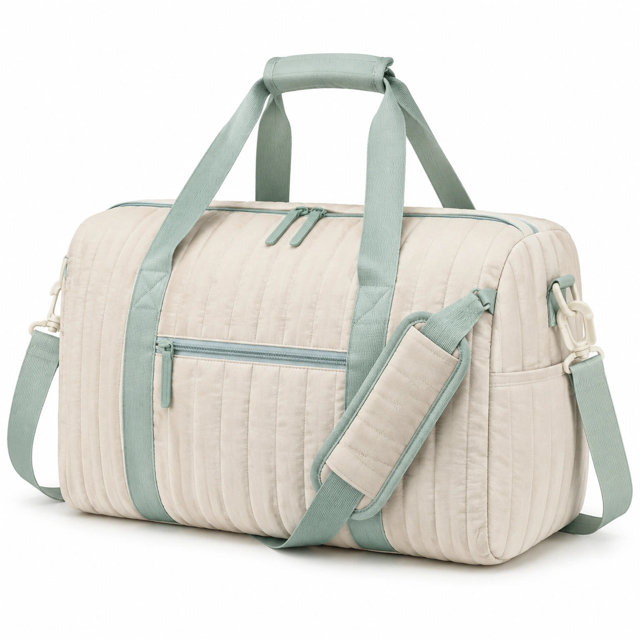 Borsone da viaggio 45 x 25 x 28 cm in tessuto trapuntato beige e verde salvia - con tracolla rimovibile
