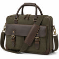 Borsa porta PC 42 cm in canvas verde oliva e similpelle marrone - tracolla regolabile stile vintage