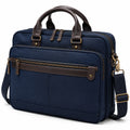 Borsa portadocumenti 42 x 10 x 32 cm in tessuto blu navy e similpelle marrone con tracolla regolabile
