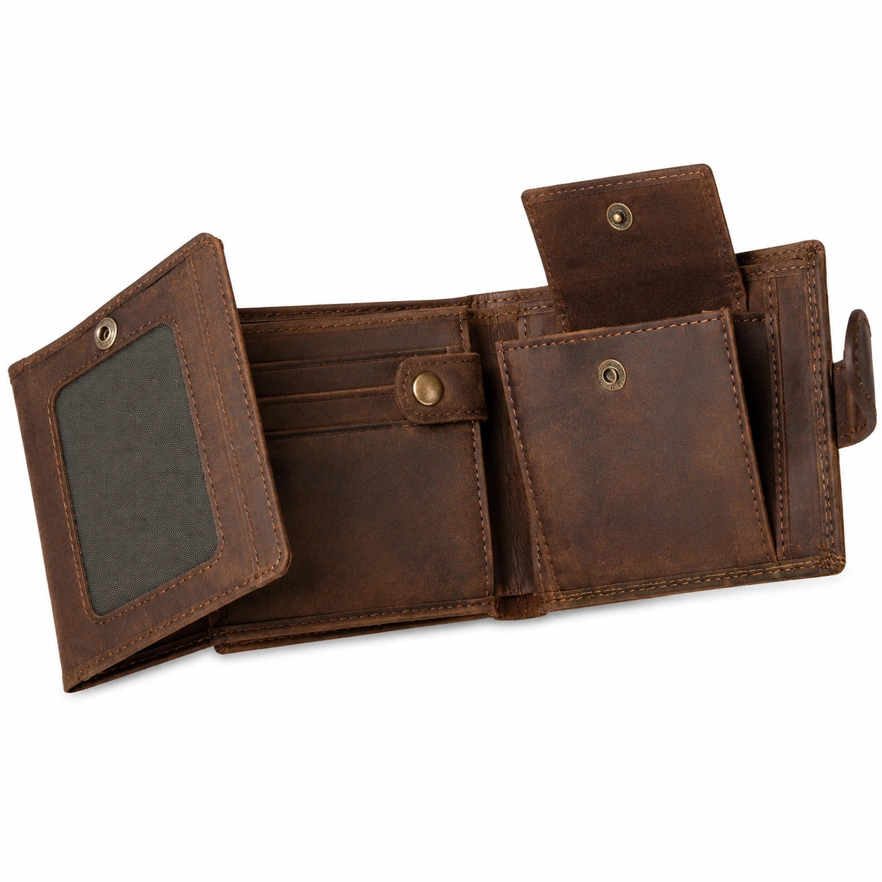 Portafoglio uomo 12×9.5×2 cm in pelle marrone con portamonete a pressione