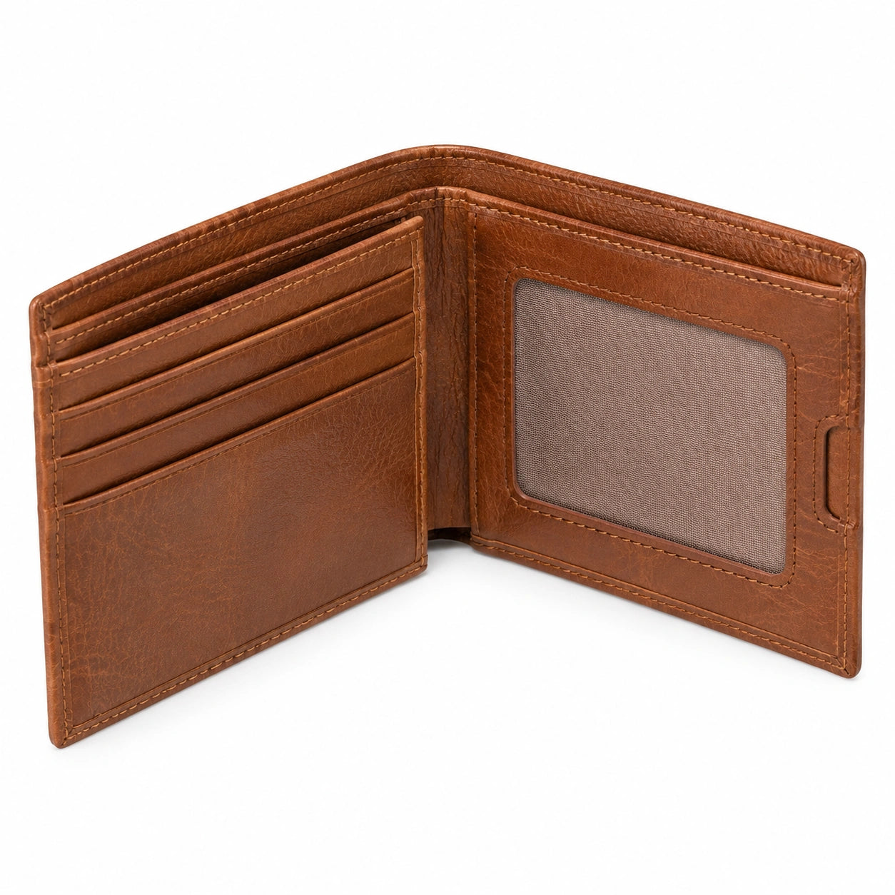 Portafoglio bifold 12 x 9.5 x 1.5 cm in materiale effetto pelle marrone con portatessere e finestra documento