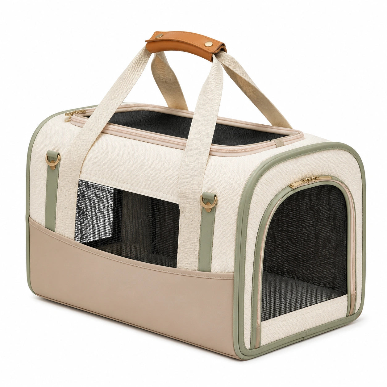 Trasportino per animali 45 x 28 x 28 cm in tessuto beige e verde con rete ventilata