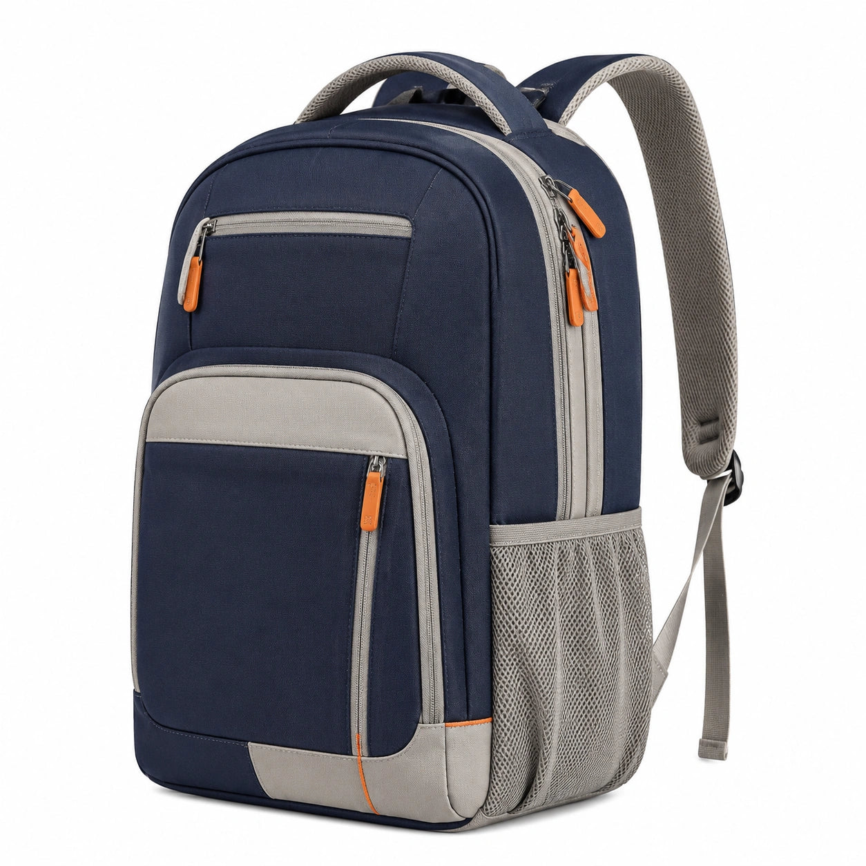 Zaino 32×18×46 cm in tessuto blu navy grigio e arancione con scomparti multipli