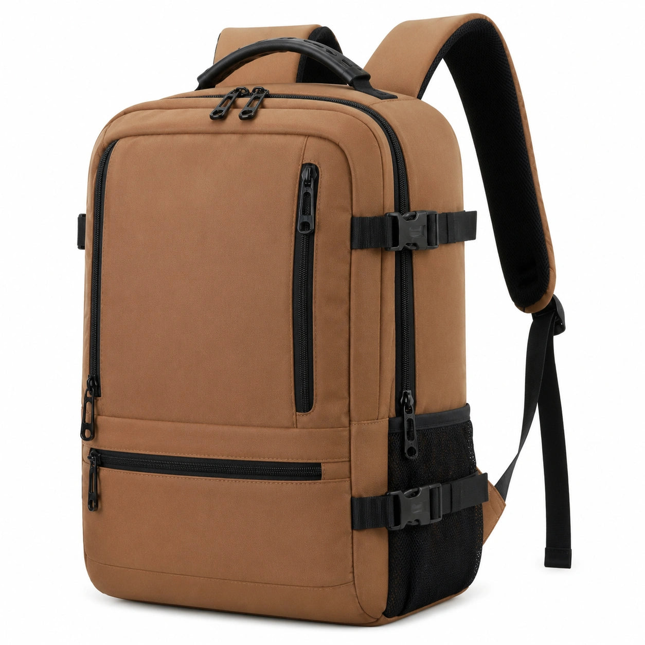 Zaino da viaggio 32 x 18 x 45 cm in tessuto sintetico marrone con tasche multiple e cinghie di compressione